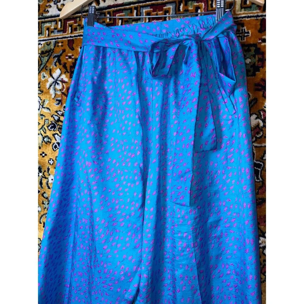 Vintage Custom 100% Silk Artsy Blue Patterned Wide Leg Pants Size M Boho Luxe